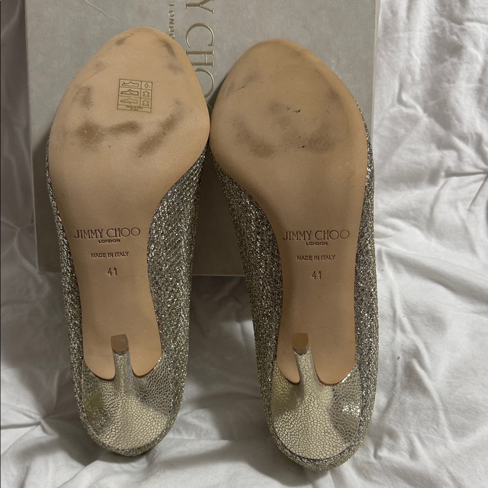 Jimmy Choo Gold Glitter Peep-Toe Heels - Picture 4 of 6